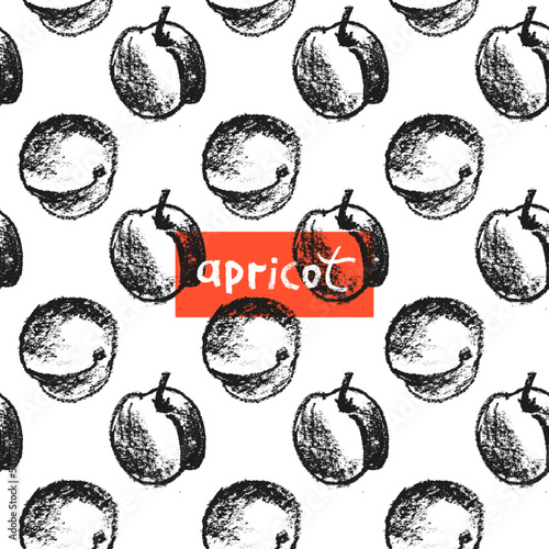 Apricot seamless pattern. Vector nectarine wallpaper. Sketch art peach background for organic baby food label, yogurt packaging design, vegan banner, fruity ornament. Peach backdrop for jam package.