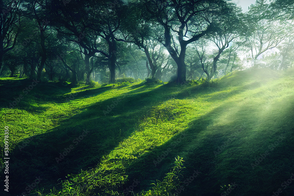 Fototapeta premium Beautiful morning over the green hills, lush foliage, calm green nature background, digital illustration, digital painting, cg artwork, realistic illustration, 3d render