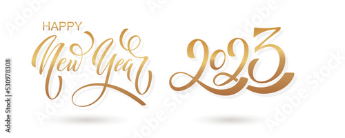 2023 Happy New Year hand lettering calligraphy. Vector holiday illustration element. Typographic element for banner, poster, congratulations.