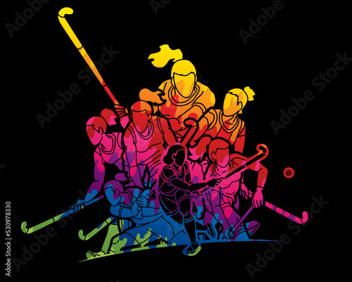 Group of Field Hockey Sport Woman Players Action Cartoon Graphic Vector