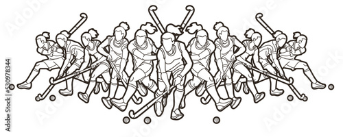 Group of Field Hockey Sport Woman Players Action Cartoon Graphic Vector