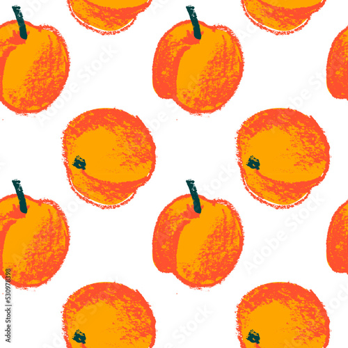 Apricot seamless pattern. Vector nectarine wallpaper. Sketch art peach background for organic baby food label, yogurt packaging design, vegan banner, fruity ornament. Peach backdrop for jam package.