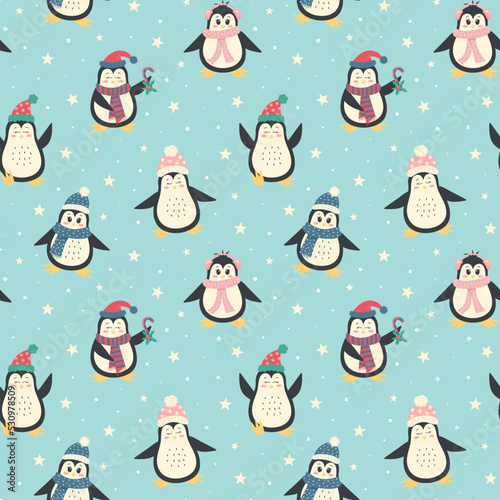 Cute winter penguins seamless pattern. Christmas characters in warm clothing. Perfect for christmas background, wallpaper, gift wrap, and etc