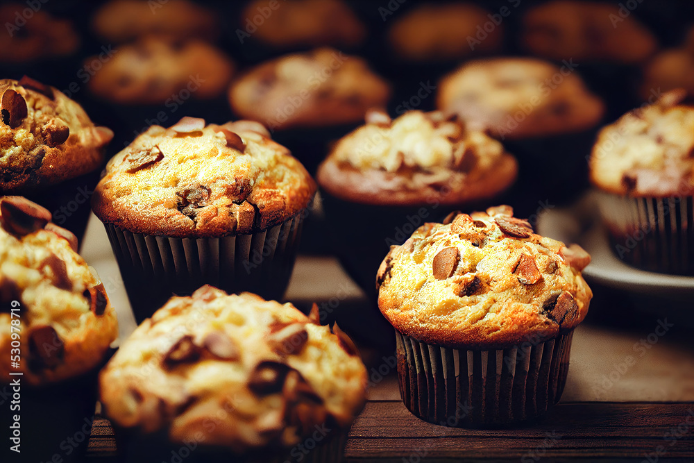 Delicious fresh baked goods, muffins, cupcakes, digital illustration, digital painting, cg artwork, realistic illustration Delicious fresh baked goods, muffins, cupcakes, digital illustration, digital painting, cg artwork, realistic illustration