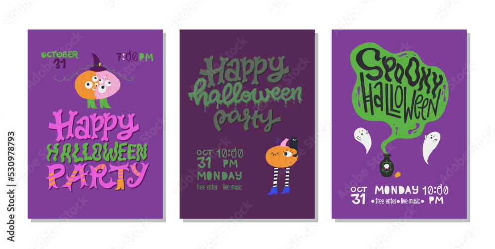 Naklejka premium Set of hand drawn Halloween party invitations or posters with hand lettering text and traditional elements. Handwritten inscriptions, eerie pumpkins and ghosts.
