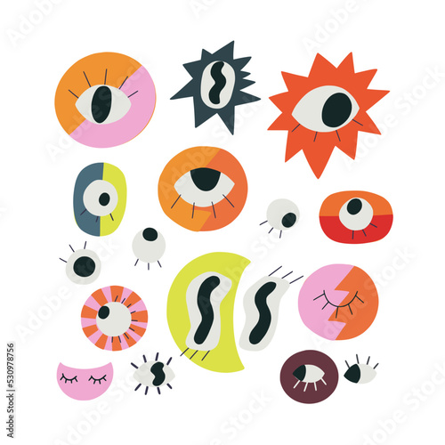 Set of hand drawn illustrations of different cartoon eyes. Halloween clip art with weird, spooky eyes with legs and decorative elements.