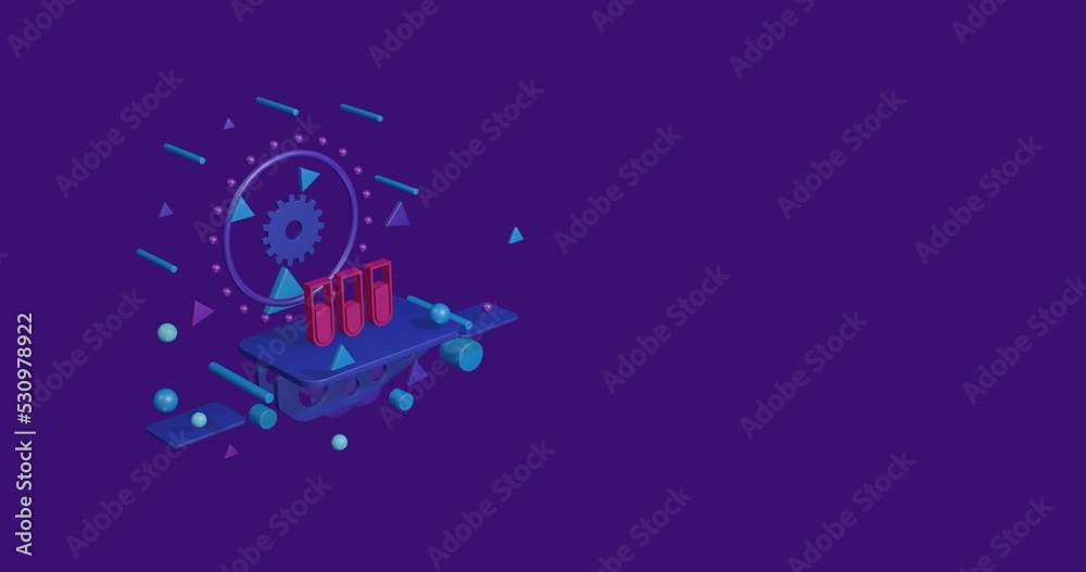 Pink water game symbol on a pedestal of abstract geometric shapes floating in the air. Abstract concept art with flying shapes on the left. 3d illustration on deep purple background