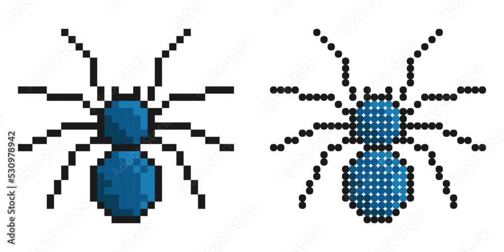 Obraz premium Pixel icon. Eight legged poisonous spider. Dangerous insect pests. Simple retro game vector isolated on white background