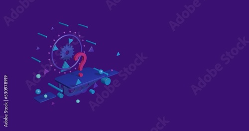 Pink question symbol on a pedestal of abstract geometric shapes floating in the air. Abstract concept art with flying shapes on the left. 3d illustration on deep purple background