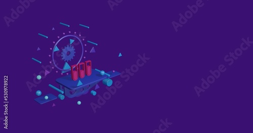 Pink water game symbol on a pedestal of abstract geometric shapes floating in the air. Abstract concept art with flying shapes on the left. 3d illustration on deep purple background © Alexey