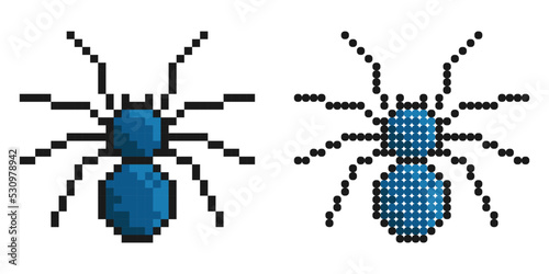 Pixel icon. Eight legged poisonous spider. Dangerous insect pests. Simple retro game vector isolated on white background