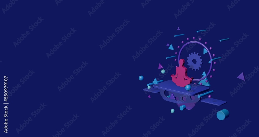 Naklejka premium Pink yoga symbol on a pedestal of abstract geometric shapes floating in the air. Abstract concept art with flying shapes on the right. 3d illustration on indigo background