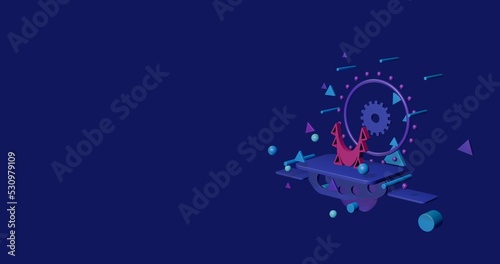 Pink yoga hammock symbol on a pedestal of abstract geometric shapes floating in the air. Abstract concept art with flying shapes on the right. 3d illustration on indigo background