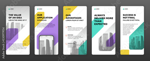 Social media stories templates set with cityscape vector illustration on background. Instagram stories vector layout design. Tiktok template.