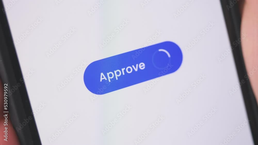 Young lady pressing approve button on smartphone. Online business concept.