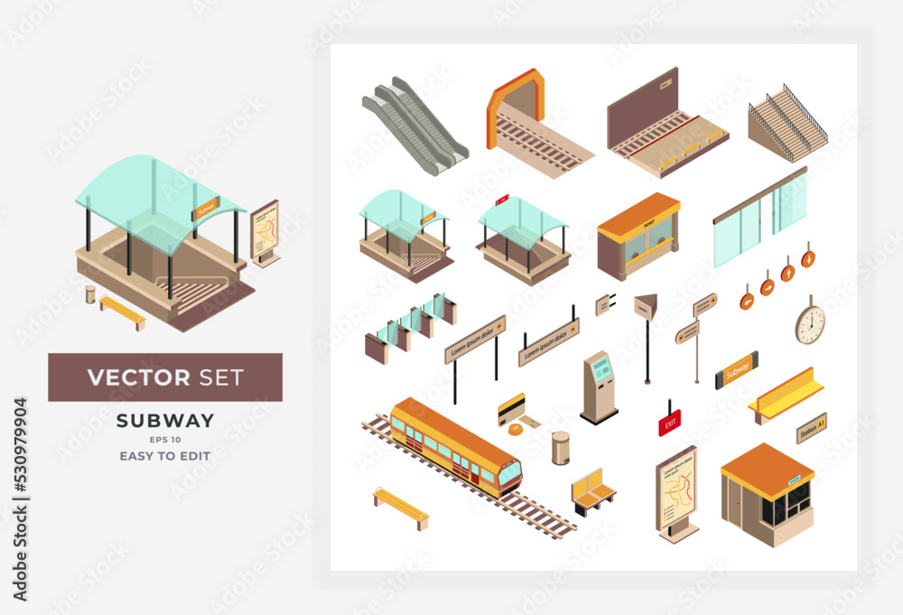 Isometric subway kit vector. A collection of illustrations of subway elements, signs, schedules and destinations, etc. This design is perfect for subway transportation companies. Color Editable Eps 10