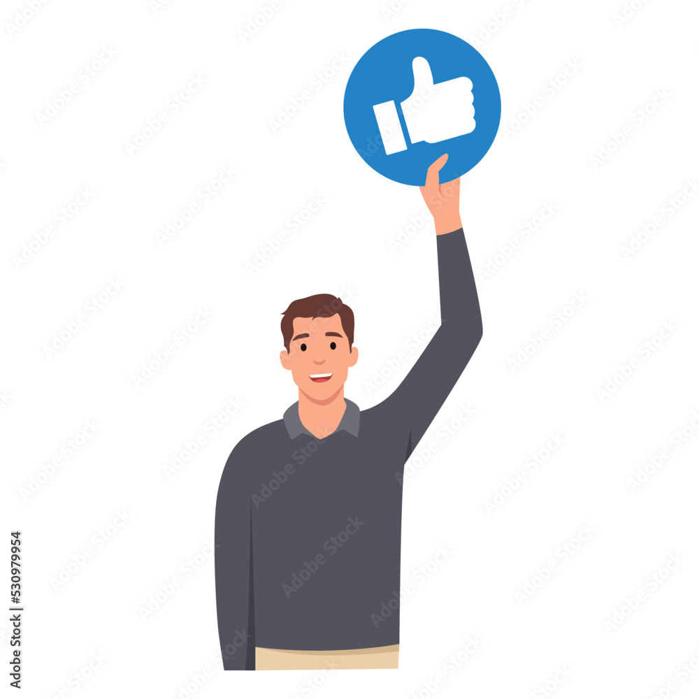 Young man give review rating and feedback. Holding in hands like rating Icons. Customer choice. Flat vector illustration isolated on white background Young man give review rating and feedback. Holding in hands like rating Icons. Customer choice. Flat vector illustration isolated on white background