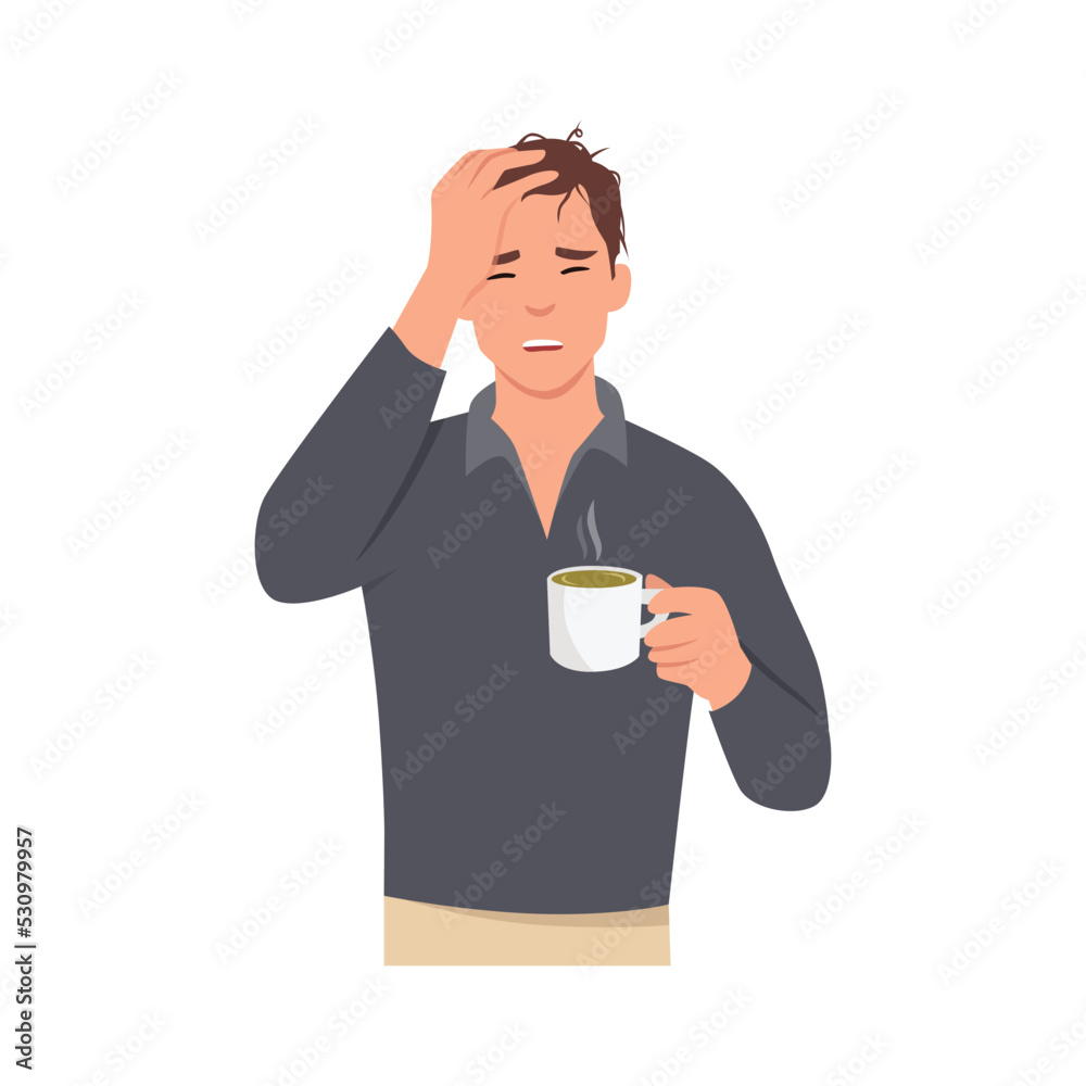 Young man hangover and flu. Sleepy guy standing with tea cup having headache feeling insomnia cold and fever. Flat vector illustration isolated on white background - obrazy, fototapety, plakaty 
