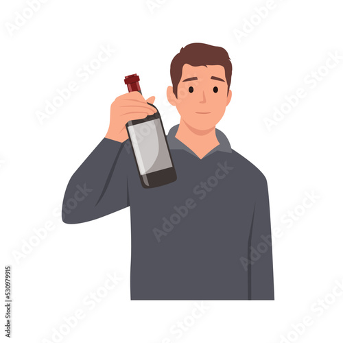 Young man standing holding bottle of wine offering to his friend. Flat vector illustration isolated on white background