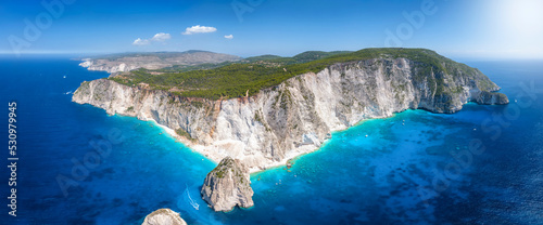 Aerial, panoramic view to the famous Mizithres rocks and beaches on the south coast of Zakynthos island, Cape Keri, Greece