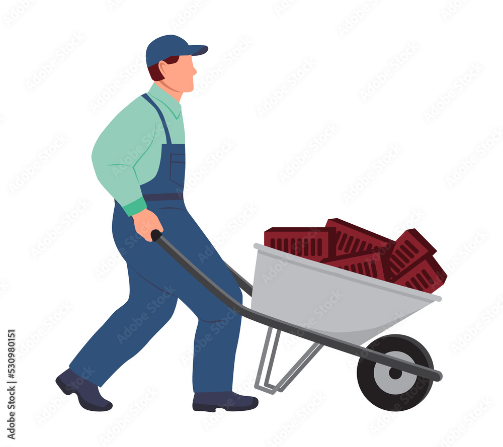 A uniformed worker carries bricks in a construction wheelbarrow. Illustration in flat style on white background. A uniformed worker carries bricks in a construction wheelbarrow. Illustration in flat style on white background.