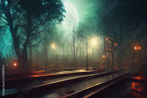 Lonely Road of City Goes Far Away. Dark Cloud. Fantasy Backdrop Concept Art Realistic Illustration Video Game Background. Digital Painting CG Artwork. Scenery Artwork Serious Book Illustration 