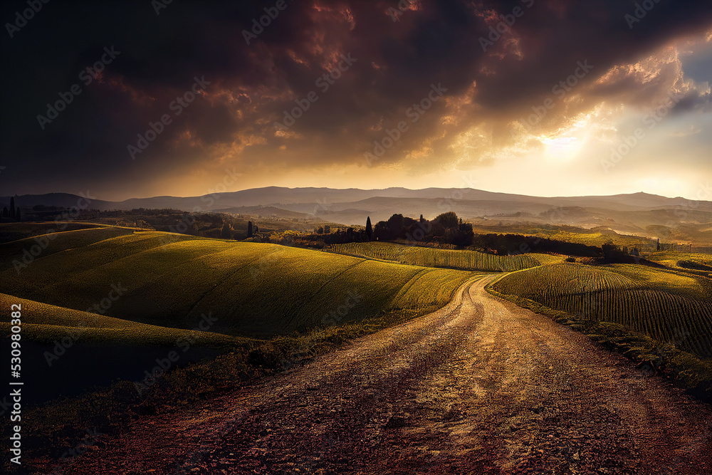 Naklejka premium beautiful tuscany landscape, sunset morning lights, peaceful background