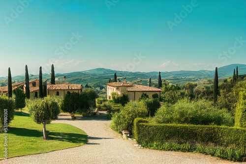 beautiful tuscany landscape with a villa  sunset morning lights  peaceful background