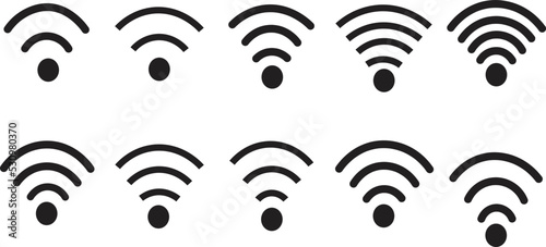 Wifi, wireless and signal connect. Vector isolated icon and signs. Internet connection cocept. Diverse styles of wifi icons. Multiple ways to represent radio waves