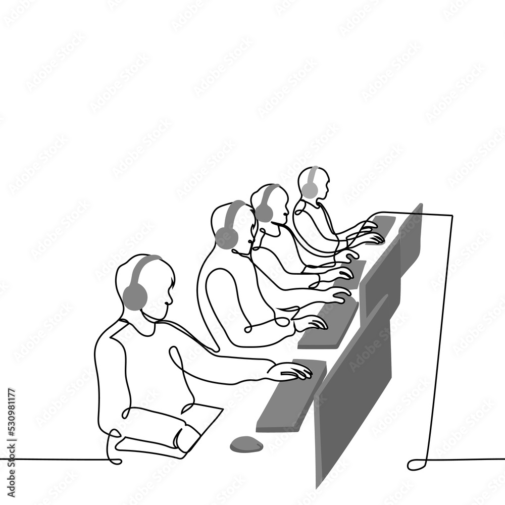internet cafe with visitors at computers wearing over-ear headphones - one line drawing vector. concept gamers, Internet cafe customers