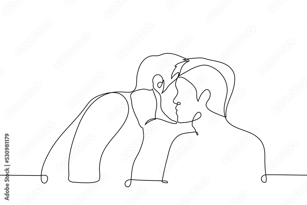 man leaned over a seated man and whispers in his ear or kisses his cheek greeting or congratulating - one line drawing vector. concept of gossip spreading or homosexual men flirting, queerbaiting man leaned over a seated man and whispers in his ear or kisses his cheek greeting or congratulating - one line drawing vector. concept of gossip spreading or homosexual men flirting, queerbaiting