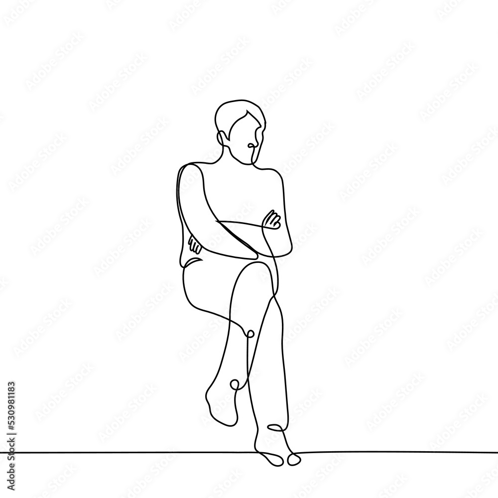 man sitting cross legged - one line drawing vector. concept relaxed, skeptical, dominant, confident, comfortable man sitting cross legged - one line drawing vector. concept relaxed, skeptical, dominant, confident, comfortable