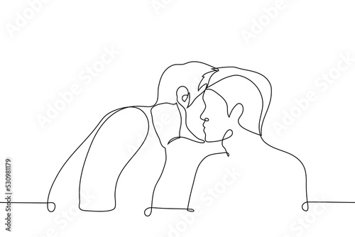 man leaned over a seated man and whispers in his ear or kisses his cheek greeting or congratulating - one line drawing vector. concept of gossip spreading or homosexual men flirting, queerbaiting