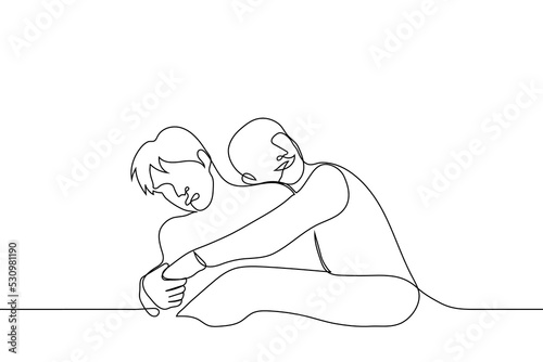 men hugging one of them doesn't want to - one line drawing vector. concept tactile and non-tactile person physically interact, skinship