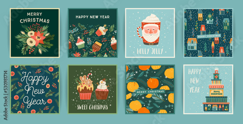 Set of Christmas and Happy New Year cards. Cute bright illustrations witn New Year symbols.. Vector design.