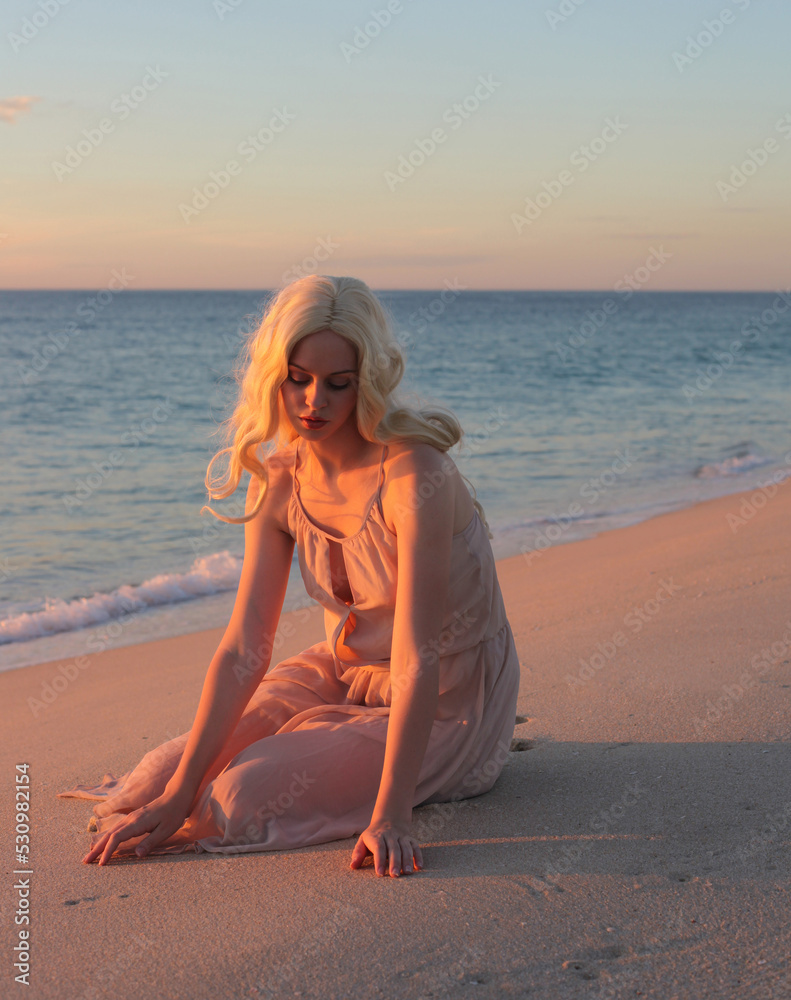 full length portrait of beautiful young woman with long hair wearing ...