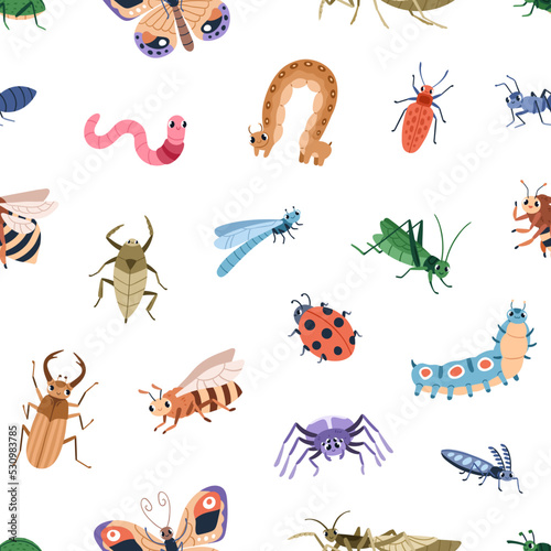Seamless repeating pattern with cute insects. Endless kids background with happy beetles, caterpillars, ladybirds. Texture design, print funny bugs. Childish colored flat graphic vector illustration