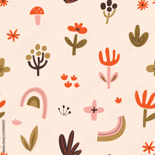 Colorful abstract floral design for kids fabric, wallpaper or wrapping paper. Vector seamless pattern with abstract natural shapes in hand drawn style.