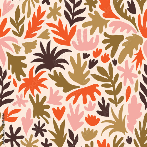 Colorful abstract tropicaldesign for kids fabric, wallpaper or wrapping paper. Vector seamless pattern with abstract natural shapes in hand drawn style.