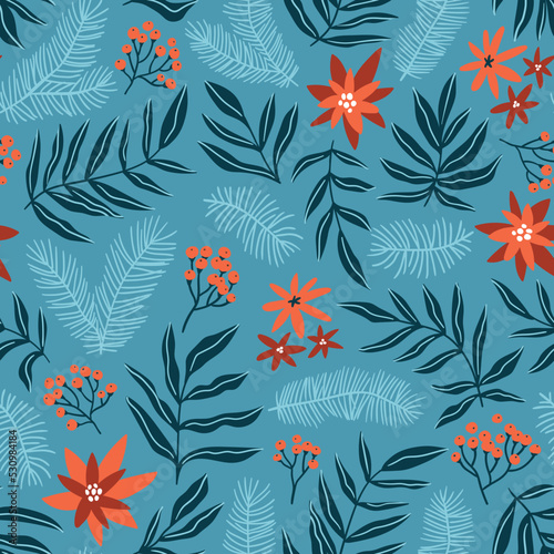 Christmas seamless pattern with poinsettia and branches, leaves and berry. Winter fabric design. Vector hand-drawn xmas print.