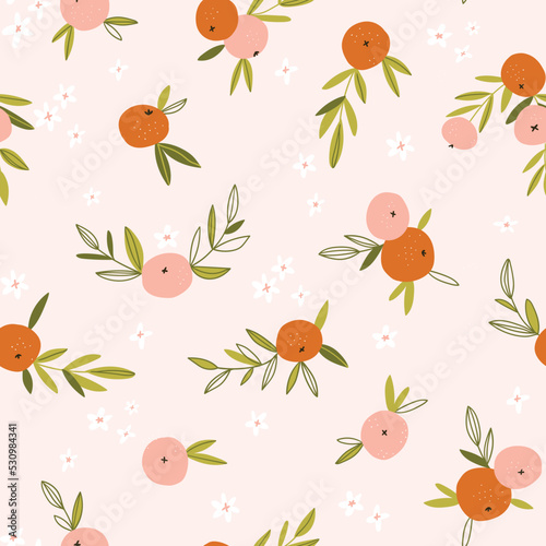 Citrus fruit seamless pattern. Vector hand-drawn orange repeat background. Tropical garden print design.