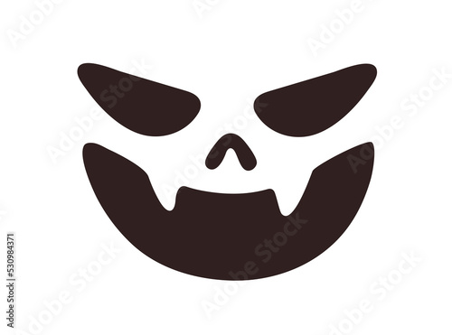 Creepy Halloween face laughing. Evil laughter of smiling spooky monster with fangs, teeth. Scary Helloween holiday pumpkin character stencil. Flat vector illustration isolated on white background