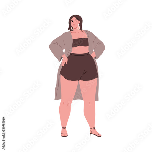 Woman with fat curvy body, plump chubby figure. Attractive plus-size girl standing bikini and heeled sandals. Stout female in swimwear. Flat graphic vector illustration isolated on white background