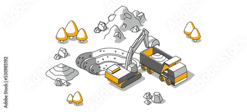 Construction vehicle at work: excavator and dump truck at earthworks. 3d isometric vector illustration