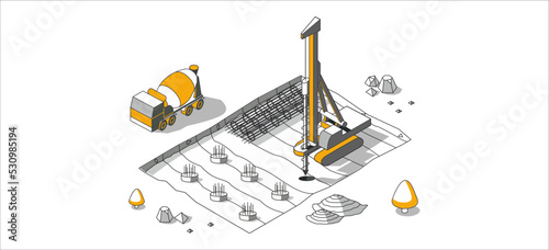 Fototapeta Naklejka Na Ścianę i Meble -  Construction vehicle at work: concrete mixer and earth drilling machine. 3d isometric vector illustration