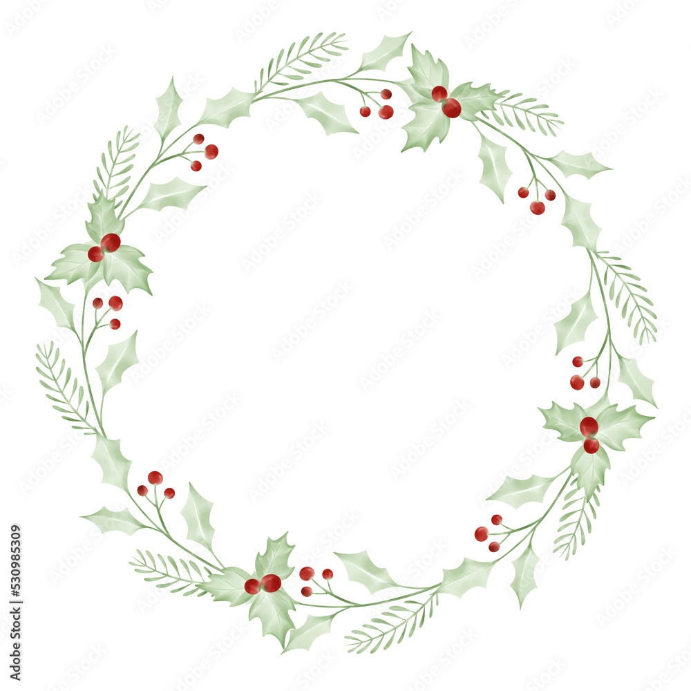 Watercolor Christmas trees, wreaths on white background