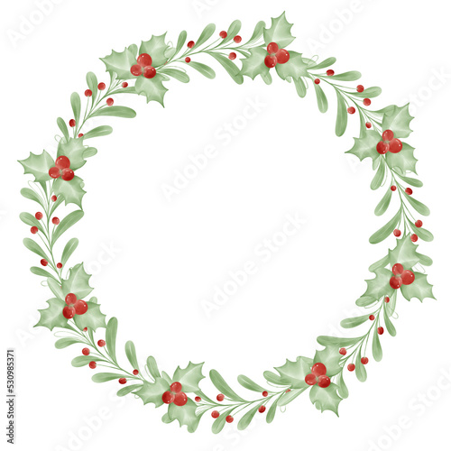 Watercolor Round wreath from dry twigs and Christmas tree branches with black and red berries isolated on white background. Flt lay. © kraifreedom