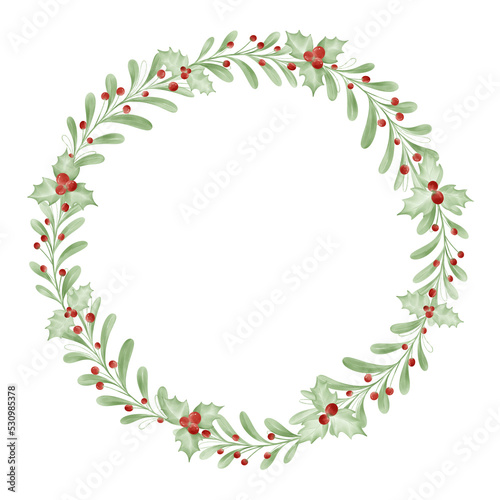 Watercolor Round wreath from dry twigs and Christmas tree branches with black and red berries isolated on white background. Flt lay.