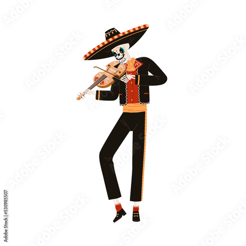 Mexican Mariachi skeleton playing violin. Mexico musician character in sombrero hat with fiddle for Day of Dead, El Dia de los Muertos holiday. Flat vector illustration isolated on white background