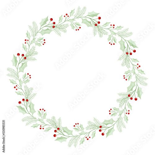 Christmas isolated wreath with fir, mistletoe, rosemary on white background. Watercolor hand drawn illustration.